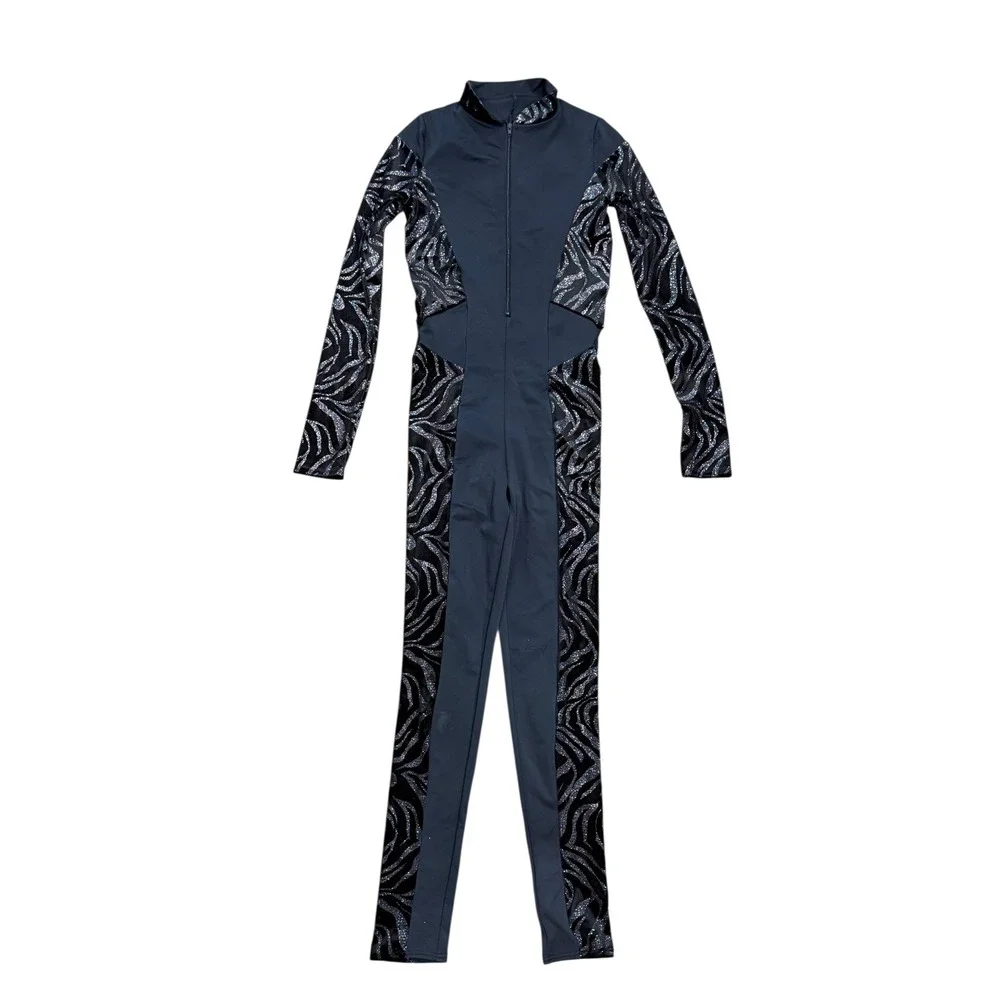 Weissman Adult Small Black Sparkle Unitard Dance Costume Long Sleeve Competition